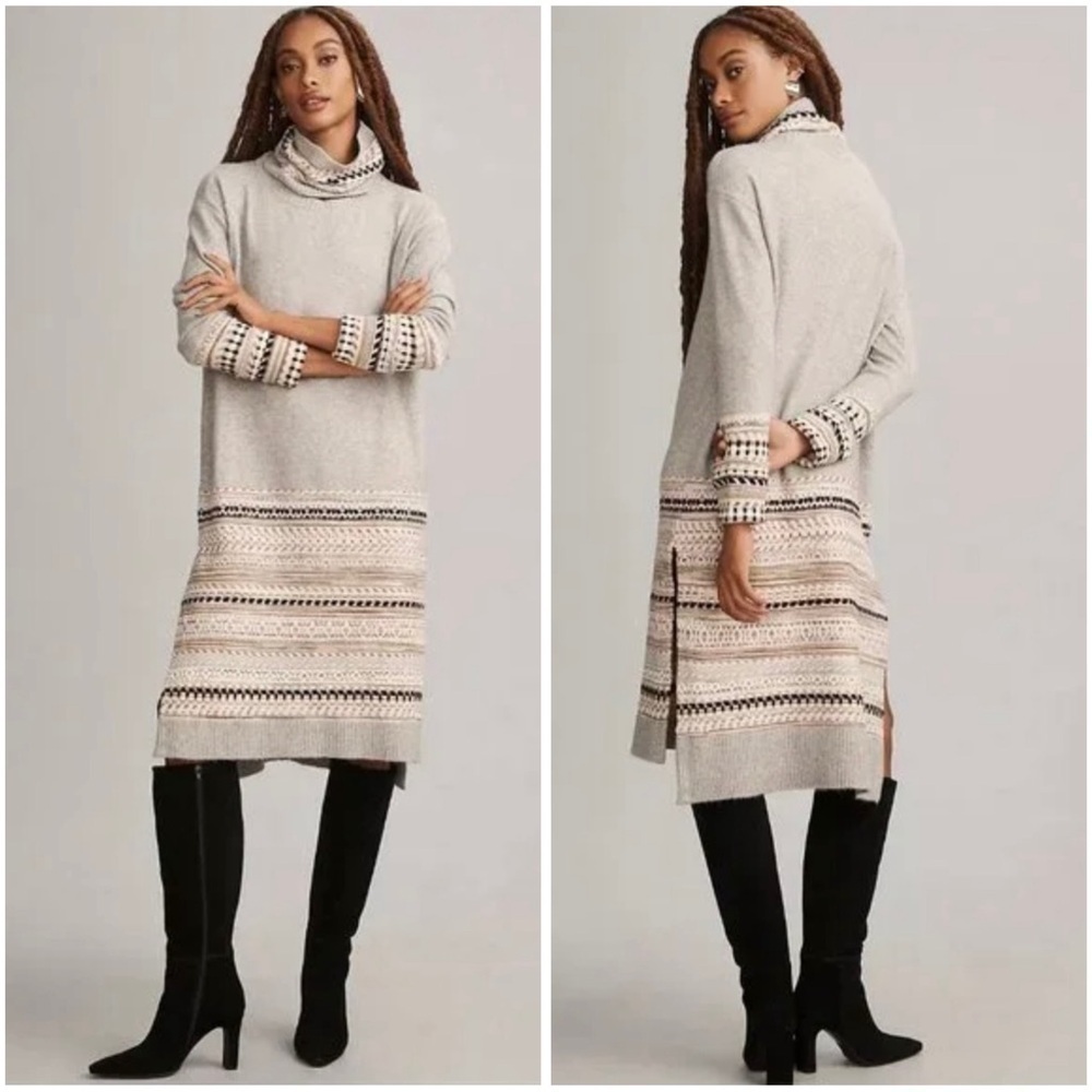 Anthropologie Cream and Black Patterned Long Sleeve Dress